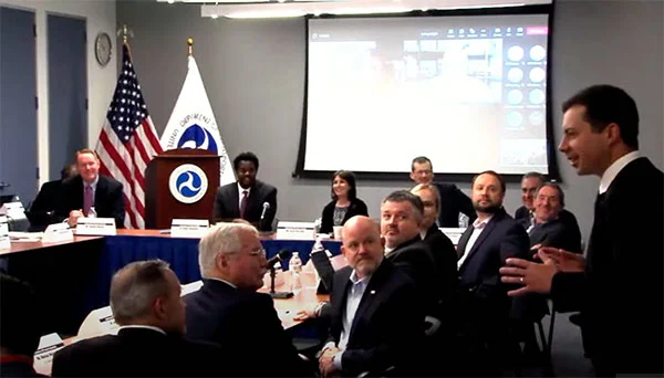 Transportation Secretary Pete Buttigieg made a surprise appearance at the DOT roundtable on complementary PNT. (Screenshot: DOT)