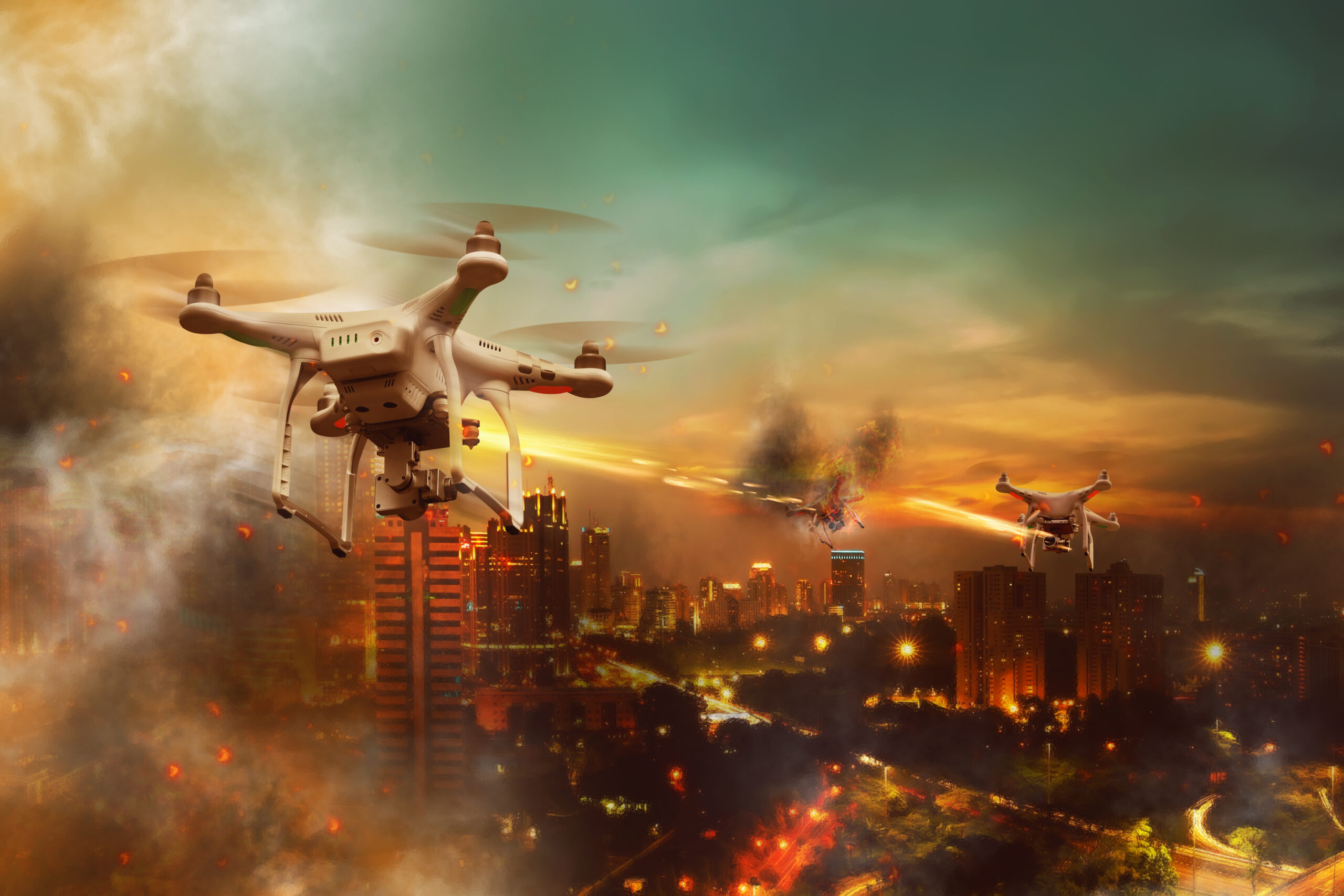 Drones,Battle,Over,The,City,At,Night,Time