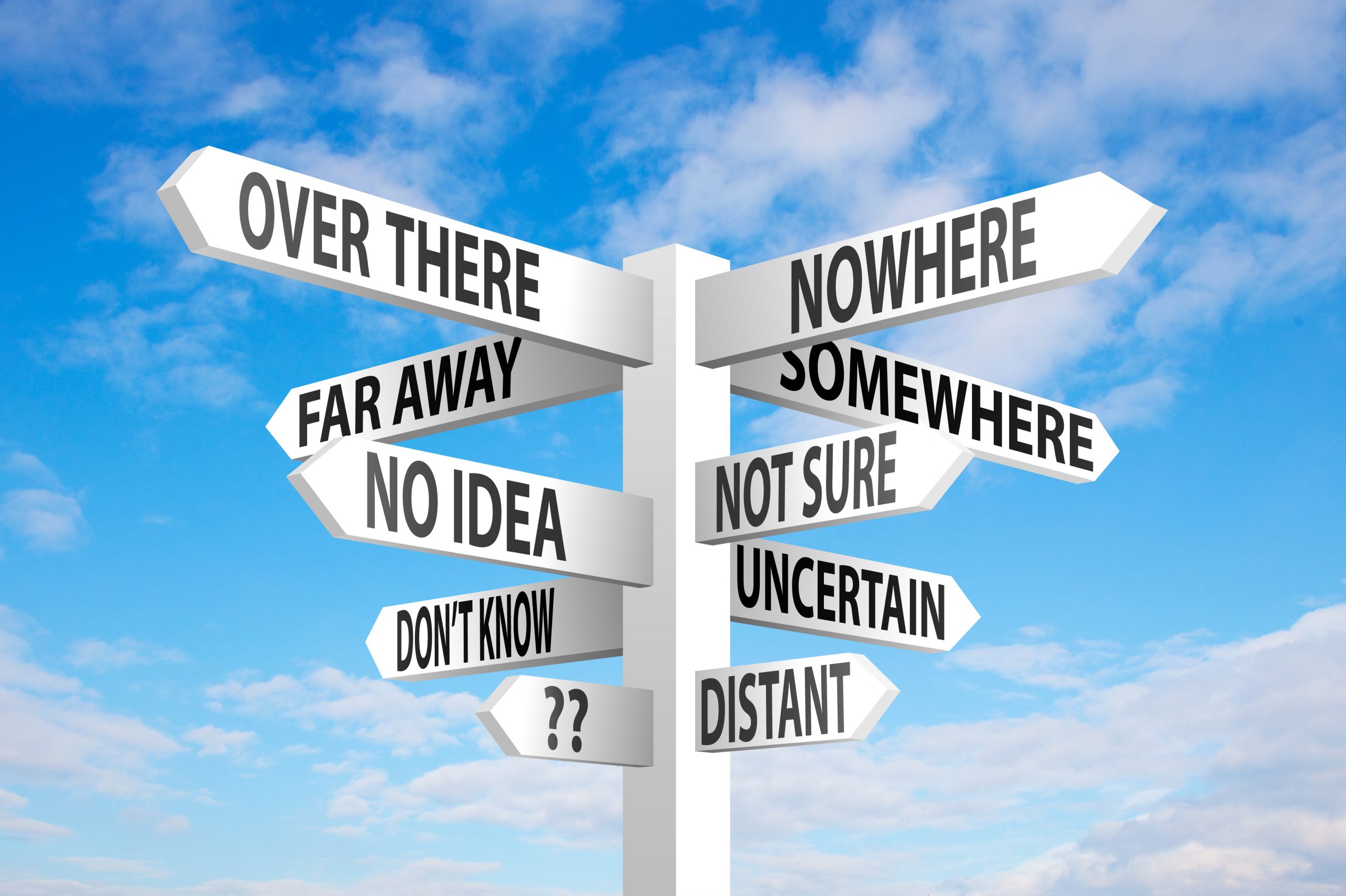 Uncertain,Direction,Sign,Post,On,Blue,Sky,Background